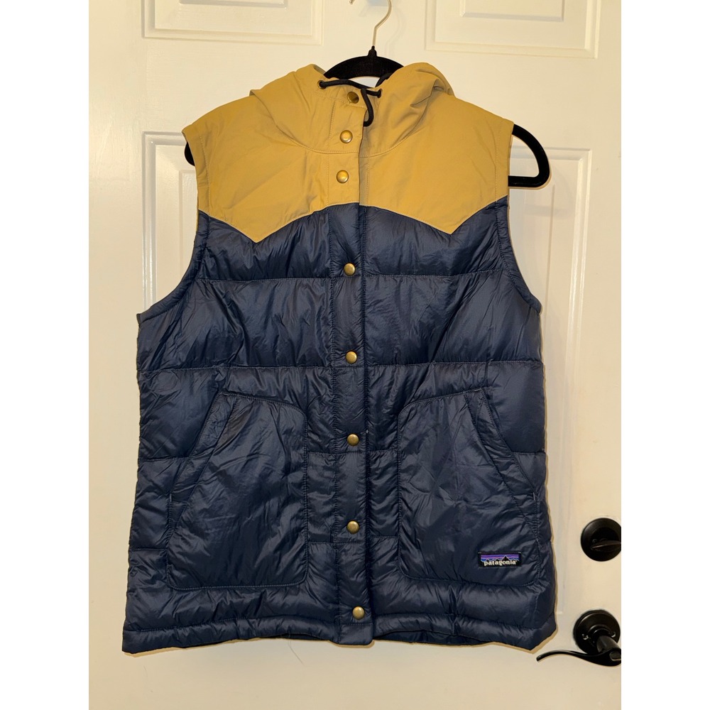 Patagonia Bivy Hooded Down Vest Navy Blue Tan Colorblock STY27747 Women's M
